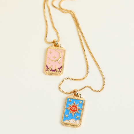 New Fashion Retro Tarot Copper-Plated Gold Colorful Oil Square Shape Necklace's discount tags
