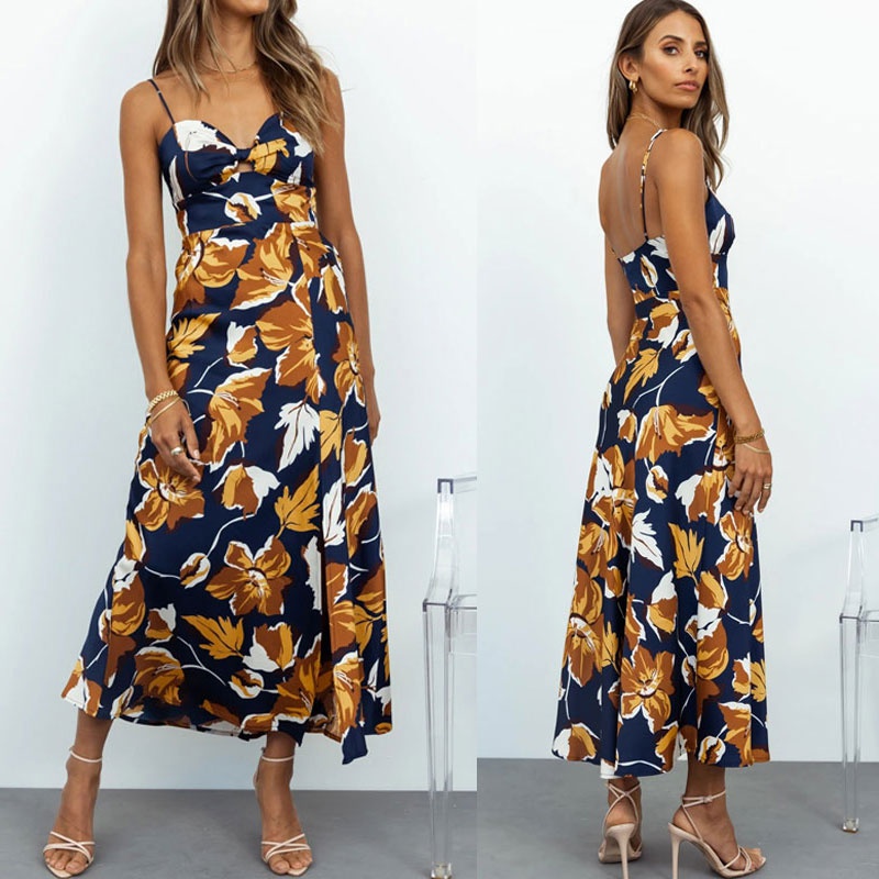 Womens Summer New Fashion Slim Sexy Floral printed Sleeveless Split Dress