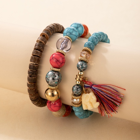 New Bohemian style Tassel Small Elephant Wooden Beaded Bracelet 3 pieces set's discount tags