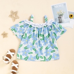 Girls Summer Blue Flower Green Leaf Printed Sling Pleated Collar Short Sleeve Loose Toppicture5