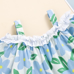 Girls Summer Blue Flower Green Leaf Printed Sling Pleated Collar Short Sleeve Loose Toppicture1