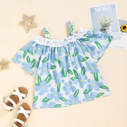 Girls Summer Blue Flower Green Leaf Printed Sling Pleated Collar Short Sleeve Loose Toppicture4