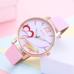 Reloj de cuarzo para mujer de aleación de correa de cuero PU rosa con patrón de corazón simple de moda