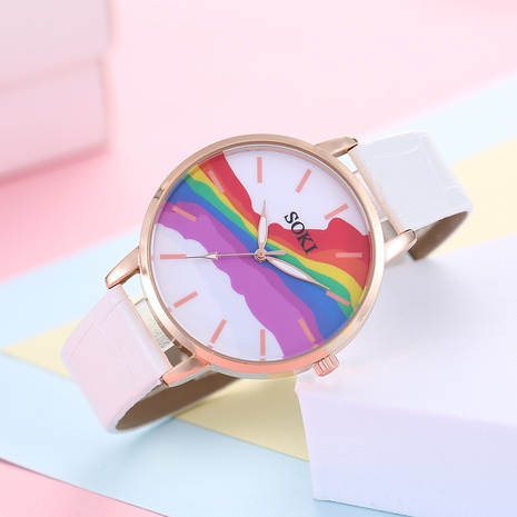 fashion white PU leather Strap rainbow pattern alloy woman’s Quartz Watch's discount tags