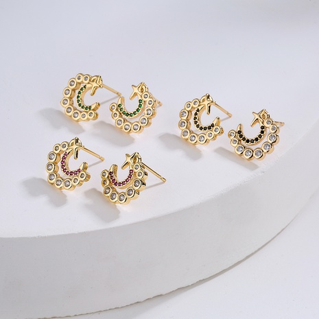 Fashion Copper Plated 18K Gold Micro Inlaid Zircon C-Type Moon Star Ear Studs Earrings's discount tags