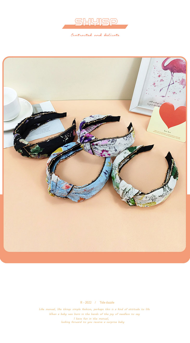 New Style Metal Chain Tiedye Printing Wide Edge Fabric Hairbandpicture1