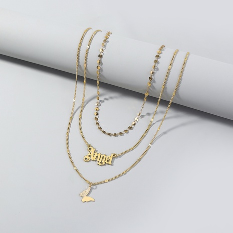 Collar de cobre multicapa con colgante de letras de mariposa con lentejuelas de Metal a la moda's discount tags