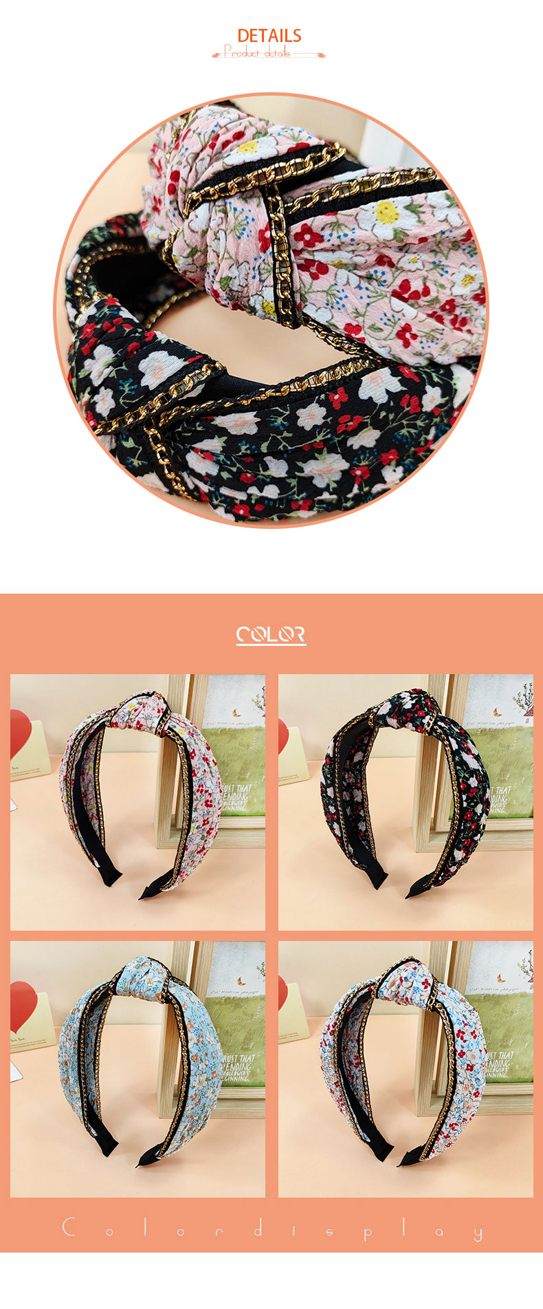 Vintage Style Wide edge metal Chain Floral print fabric headbandpicture2