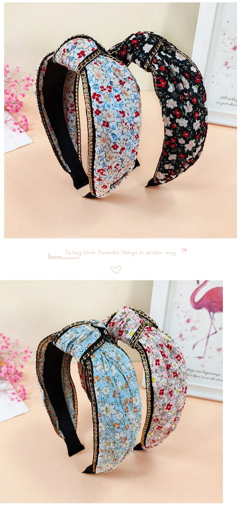 Vintage Style Wide edge metal Chain Floral print fabric headbandpicture4