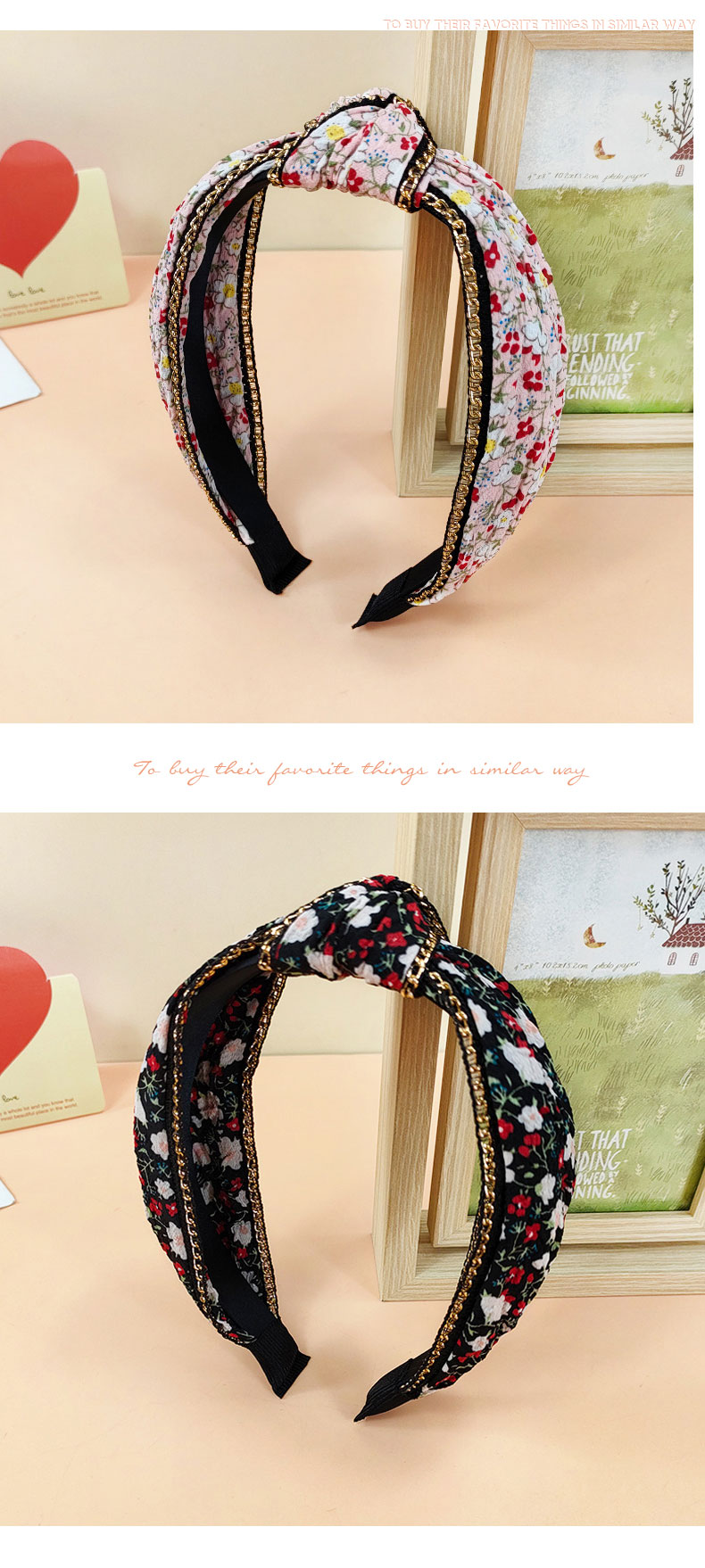 Vintage Style Wide edge metal Chain Floral print fabric headbandpicture5