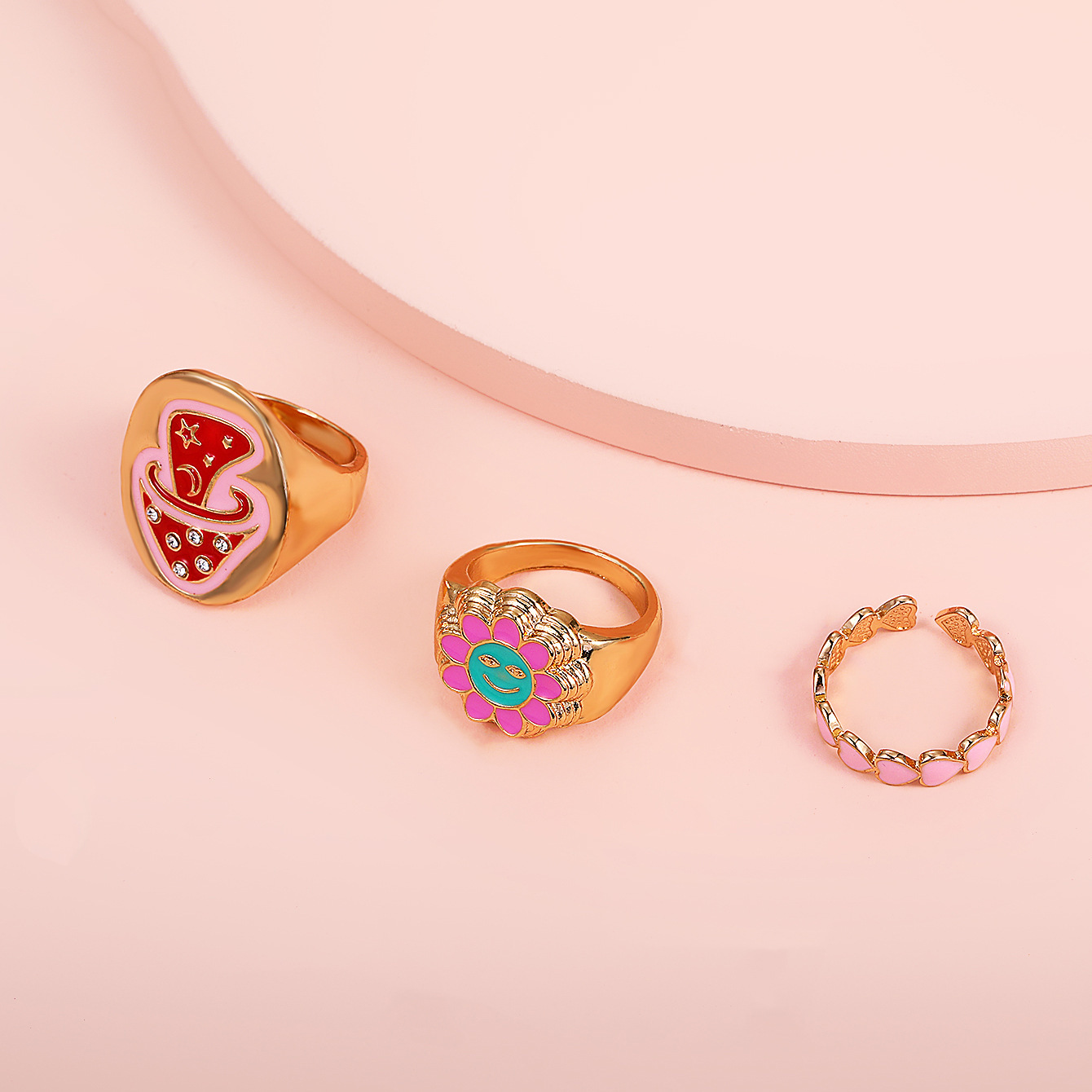 Ins Style Mushroom HeartShaped Ring Set Creative Alloy Dripping Oil Colored Fashion Ringpicture3