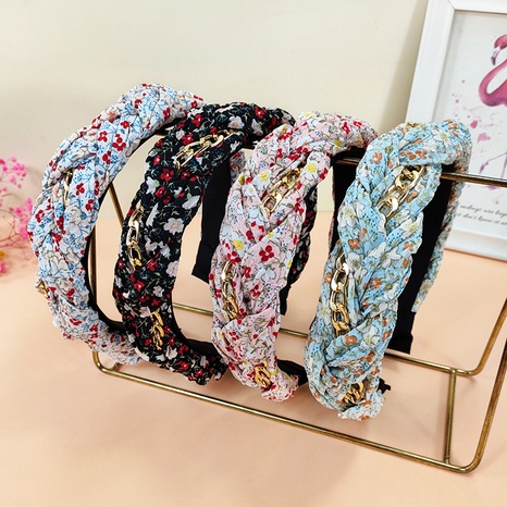 New Style Fabric Twist metal chain floral print wide edge Headband's discount tags