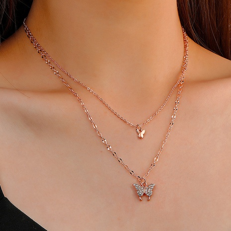 Korean Style inlaid Diamond Double-Layer Butterfly alloy Necklace Clavicle Chain's discount tags