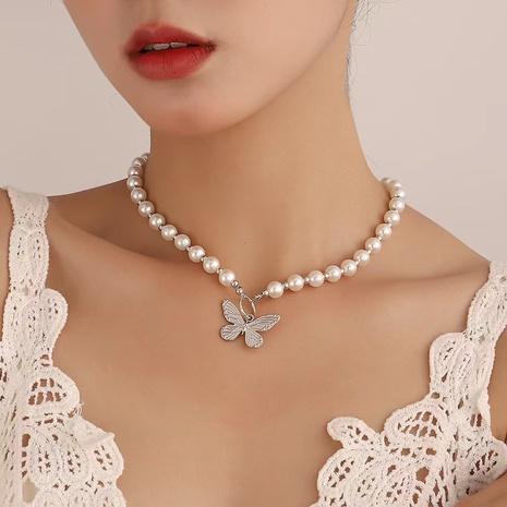 Mode Einfache Perle Schmetterling legierung Halskette Armband Kombination Set's discount tags