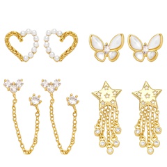 Fashion Pentagram Tassel Inlay Pearl Copper Earrings Female