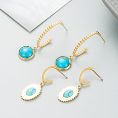 Fashion Titanium Steel dripping oil inlaid Turquoise round pendant Earrings