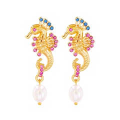 Nuevos pendientes coloridos de aleación de adorno Retro creativos de perlas de diamantes de imitación de caballito de mar a la moda