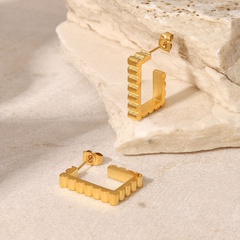 Simple 18K Gold plated embossed Pattern Rectangular C-Shaped Stainless Steel Earrings
