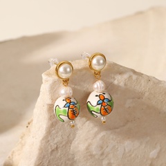 New Style Geometric 18K gold-plated Pearl Painted Ceramic Pendant Stainless Steel Earrings