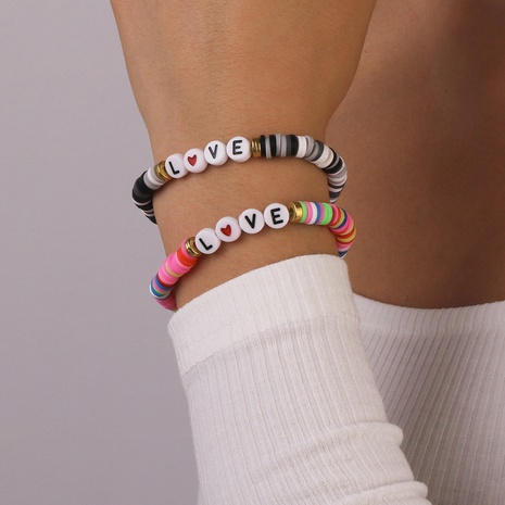 Pulsera de aleación de Color en contraste con letras Corazón de arcilla polimérica estilo étnico bohemio de moda's discount tags