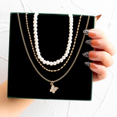 Fashion Creative Zircon Inlaid Butterfly Pendant Pearl Three-Layer Necklace Female