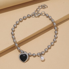 Fashion Black Heart Pearl Pendant Metal Beaded Clavicle Chain Bracelet