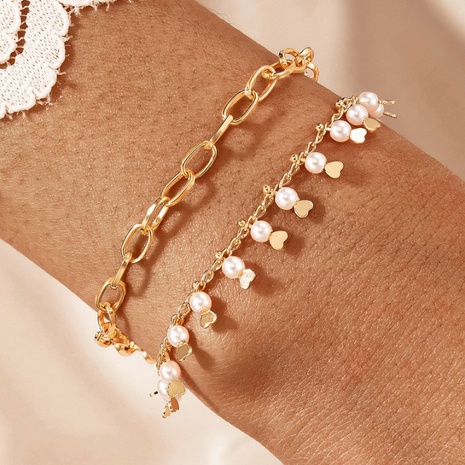 Fashion Simple Pearl Tassel Heart Chain 2-Piece Set Bracelet's discount tags