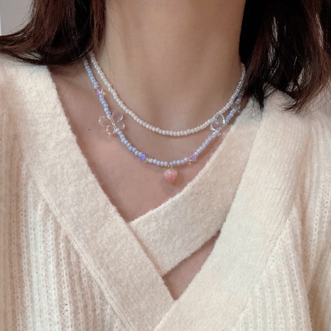 Raspberry Herz Schmetterling Perlen Doppel-Schicht Halskette's discount tags