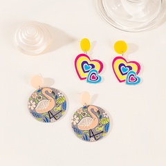 Cartoon Cute Girl Colorful Color Matching Red Stork Heart-shaped Stud Earrings
