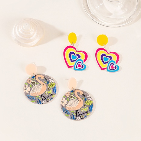 Cartoon Cute Girl Colorful Color Matching Red Stork Heart-shaped Stud Earrings's discount tags