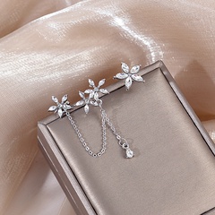Fashion Simple Asymmetric Tassel  Diamond-Embedded Flower Alloy Earrings