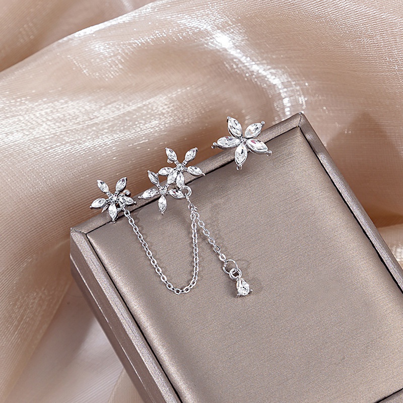 Fashion Simple Asymmetric Tassel  DiamondEmbedded Flower Alloy Earrings