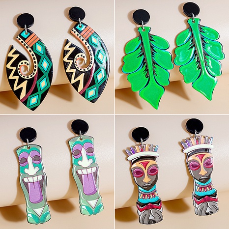 Fashion Cartoon Stud Earrings Retro Totem Green Leaf Earrings's discount tags