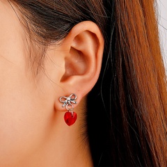 Korean Style Bow Stud Earrings Rhinestone Red Heart Shape Alloy Earrings