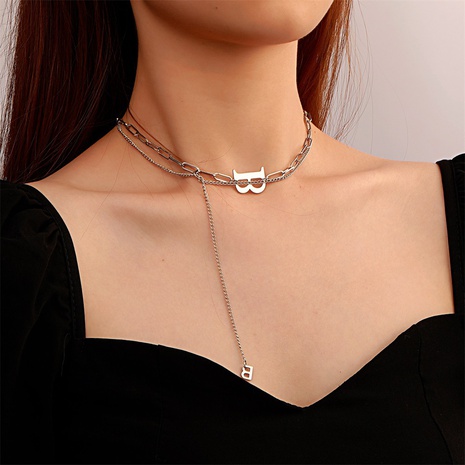 Hip-Hop Style Letter B Pendant Necklace Stainless Steel Double-Layer Clavicle Chain's discount tags