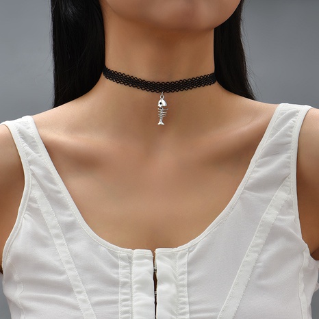 Korean Style Simple Niche Hollow Lace Fishbone Necklace's discount tags