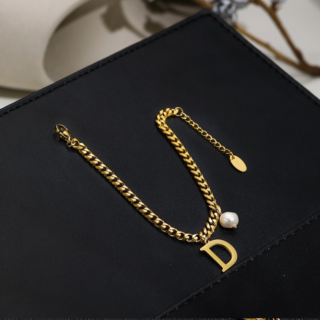 Fashion Letter D Pearl Plated 14K Gold  Pendant Titanium Steel Bracelet's discount tags