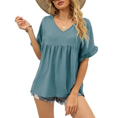 Summer New Fashion Women's Tops Solid Color and V-neck Loose Casual Ruffled Short Sleeves T-shirt