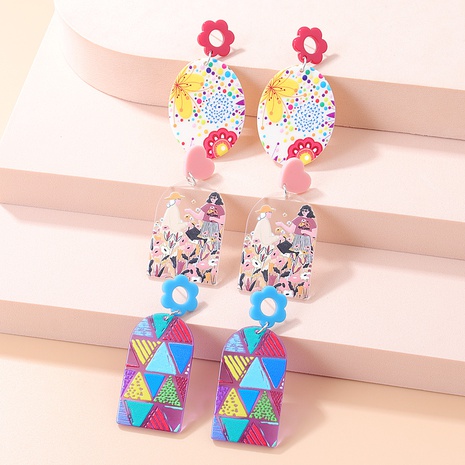 New Fashion Art Oval Printing Geometric Color Triangle Stitching Pattern Acrylic Earrings's discount tags