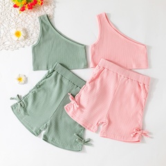 Summer Girls Sleeveless Solid Color One-Shoulder Tops Pants Children's Set