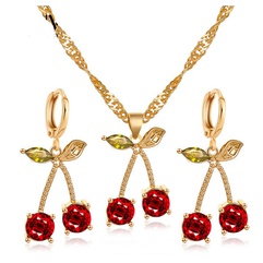 Simple Cute Fruit Gem Cherry Shaped Inlay Diamond Set Necklace Earrings