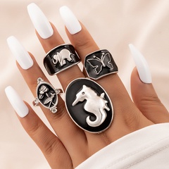 Fashion Ornament Black Dripping Oil Seahorse Elephant Four-Piece Ring