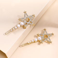 Women'S Sweet Shiny Pentagram Alloy Hair Accessories Inlaid Pearls Diamond Artificial Rhinestones Artificial Pearl Hair Clip 1 Set