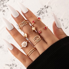 Ornament Imitation Ruby Inlaid Flower Geometric Shaped Seven-Piece Alloy Ring Set