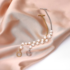 Vintage style Asymmetric Stitching Pearl chain OT buckle Bracelet
