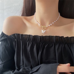 simple style Pearl chain Butterfly Pendant OT buckle Necklace
