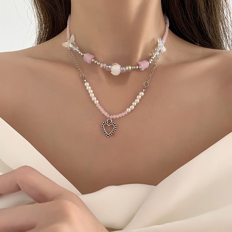 Mode Chaîne de Perles de Cristal Papillon En Forme de Coeur De Cuivre Collier's discount tags