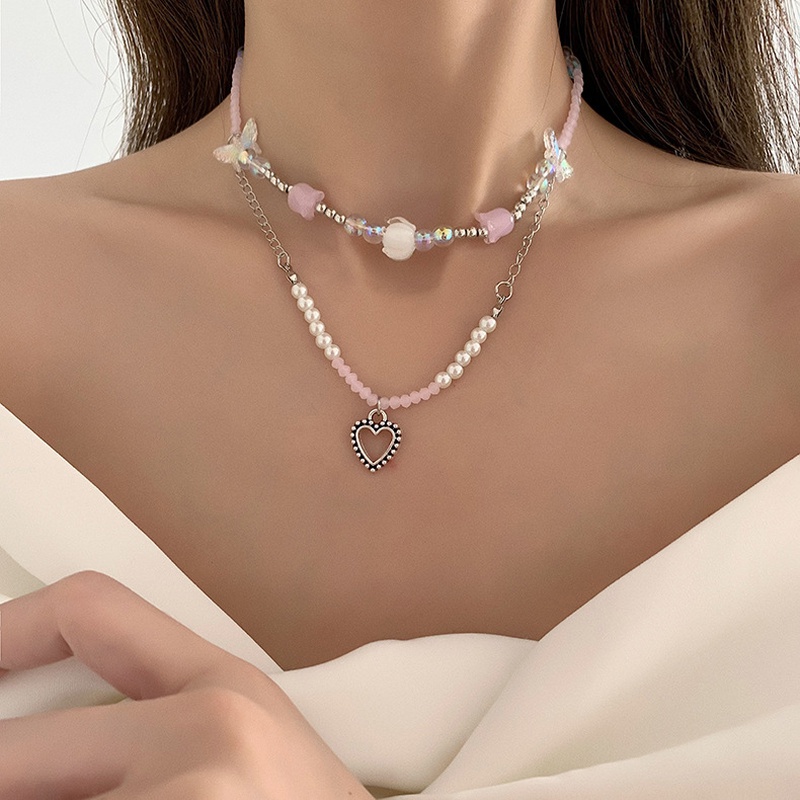 Mode Chane de Perles de Cristal Papillon En Forme de Coeur De Cuivre Collier