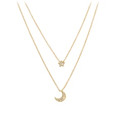 Fashion 18K Gold Plated Micro Inlaid Zircon Double-Layer Star Moon Pendant Stainless Steel Necklace