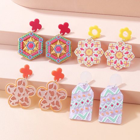 New Fashion Creative Color Ethnic Style Embroidered Geometric Acrylic Earrings's discount tags